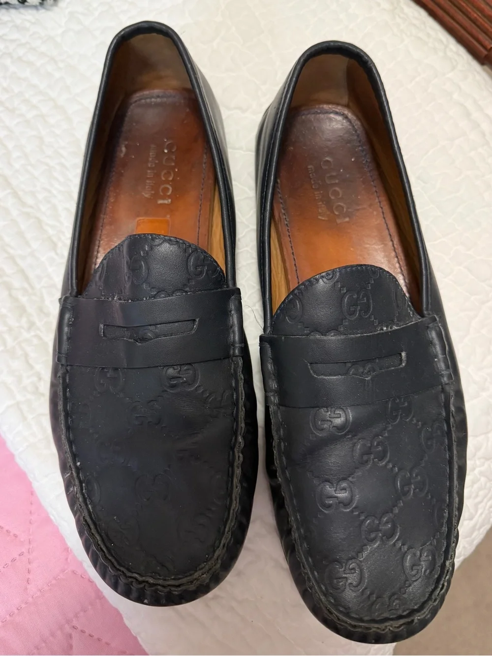 Gucci Black/ very dark navy Embossed GG Leather Penny Loafers
